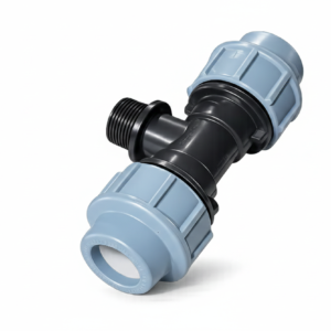 SantehPlast MDPE compression male threaded tee fitting, black body with blue compression nuts and central male threaded branch.
