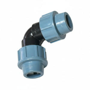 Alt Text: SantehPlast MDPE 90 degree equal elbow compression fitting with blue nuts for joining two water pipes.