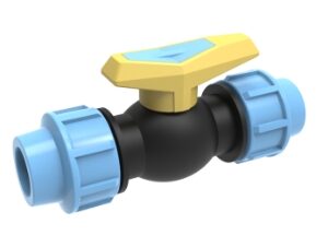 SantehPlast MDPE Compression x Compression Isolation Ball Valve, featuring a black high-pressure body, blue compression nuts, and a bright red ergonomic lever handle for PN16 water systems.