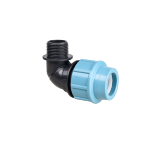 Alt Text: SantehPlast MDPE male threaded 90 degree elbow compression fitting for water pipe systems, PN16 rated.