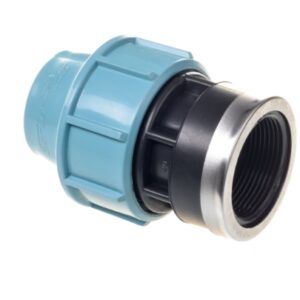 SantehPlast MDPE compression female threaded coupler, black body with blue compression nut and reinforced female threaded end.