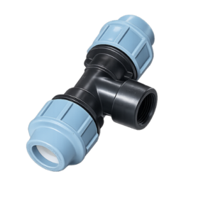 SantehPlast MDPE compression female threaded tee fitting, black body with blue compression nuts and central threaded outlet.