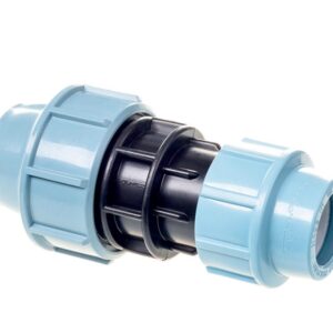 SantehPlast MDPE compression reducing coupler, black body with two different sized blue compression nuts for pipe size transitions.