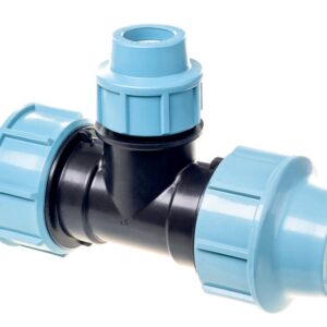 SantehPlast MDPE compression reducing tee fitting, black body with blue compression nuts for branching water pipe systems.