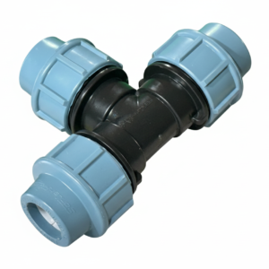 SantehPlast MDPE compression equal tee fitting, reinforced black body with three blue compression nuts for water pipe branching.